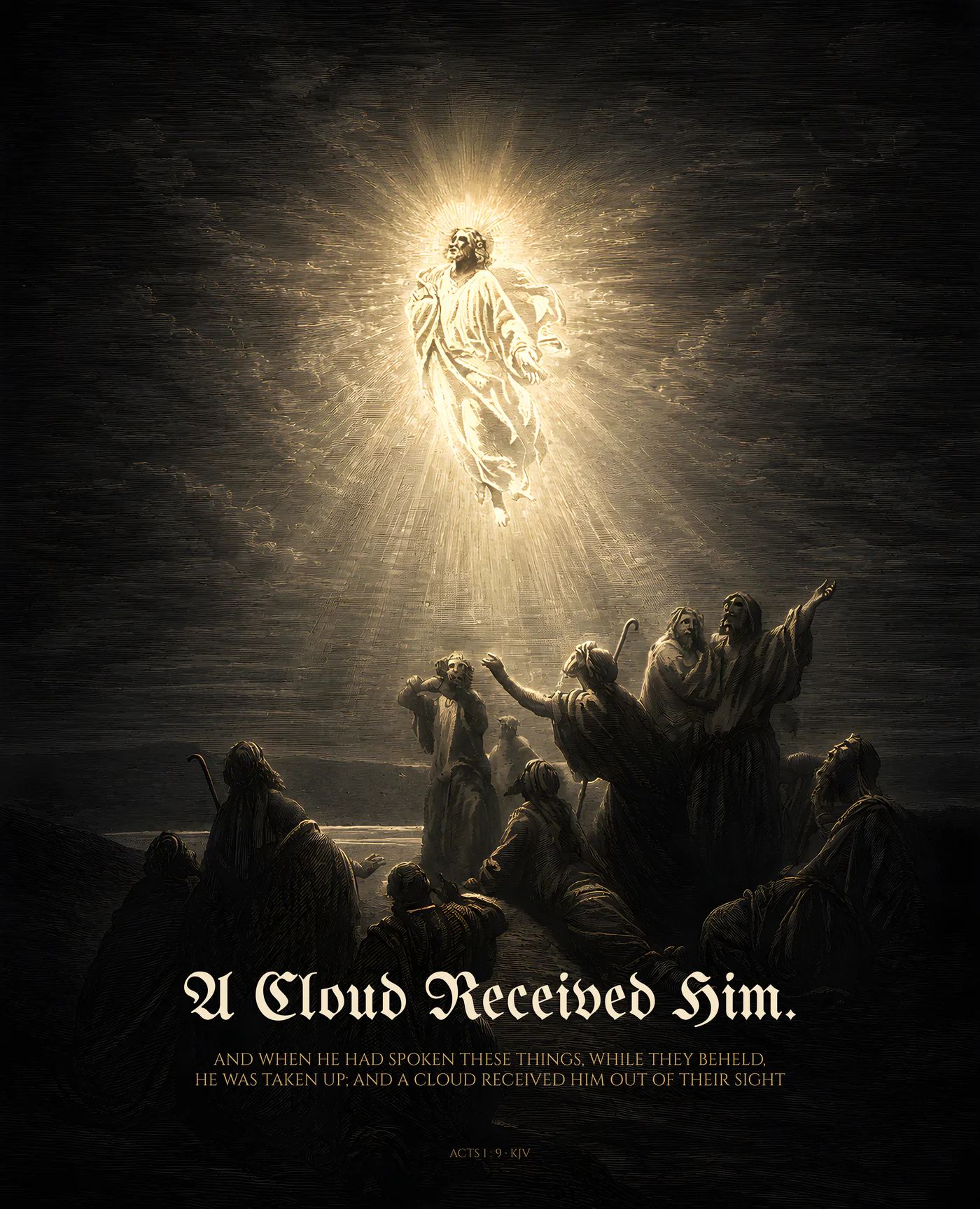 A Cloud Received Him — dark gothic Christian wall art, ashen colorway, with Acts 1:9 KJV