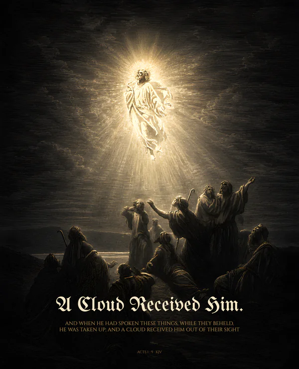 A Cloud Received Him — dark gothic Christian wall art, ashen colorway, with Acts 1:9 KJV