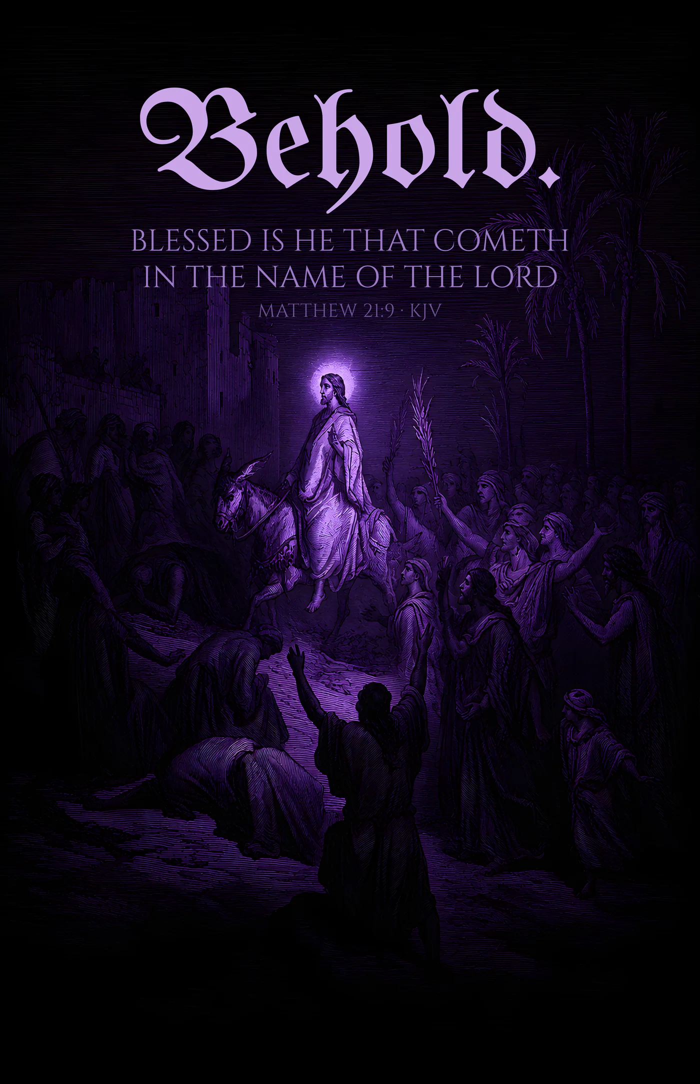 Behold — dark gothic Christian wall art, royal colorway, with Matthew 21:9 KJV