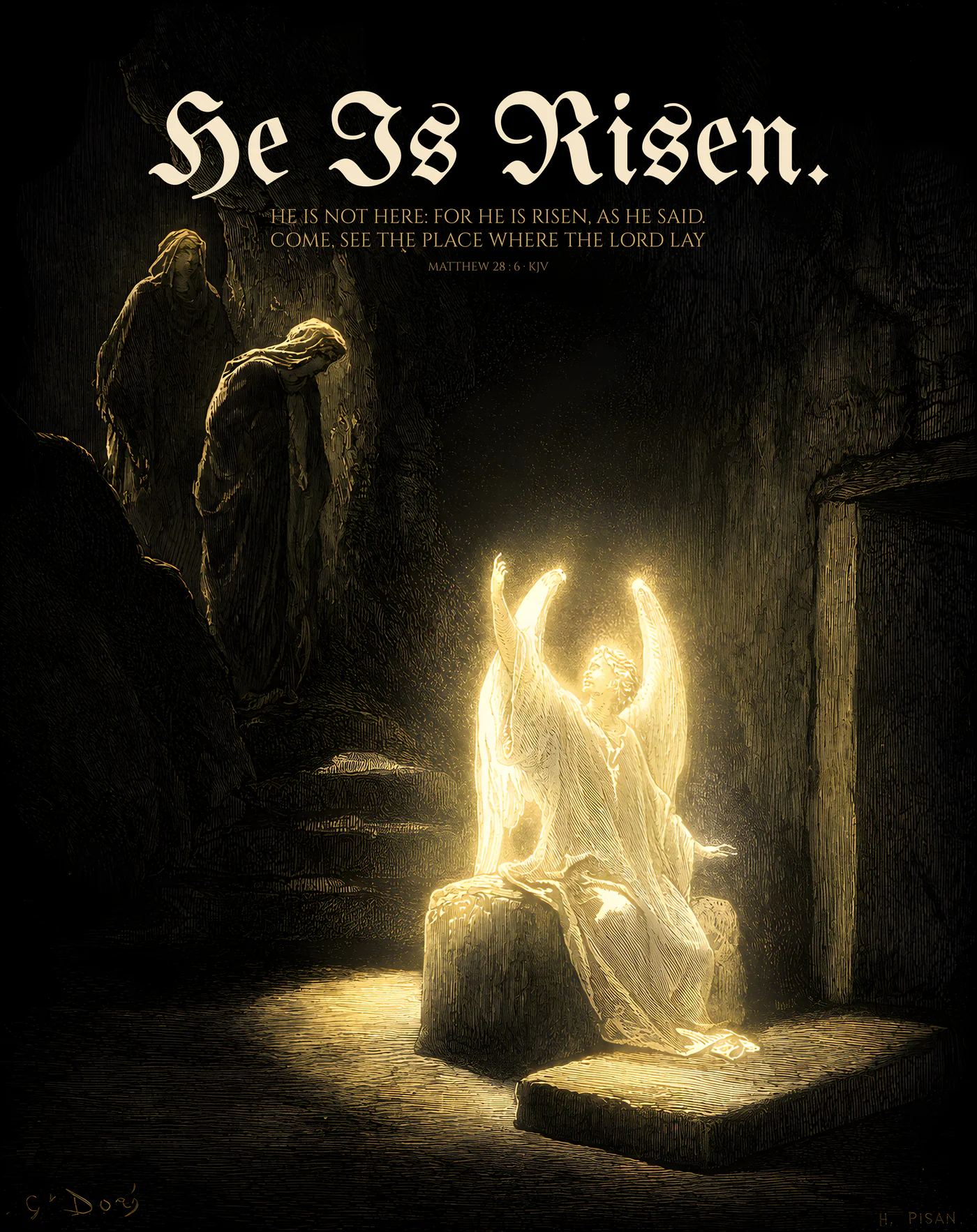 He Is Risen — dark gothic Christian wall art, ashen colorway, with Matthew 28:6 KJV