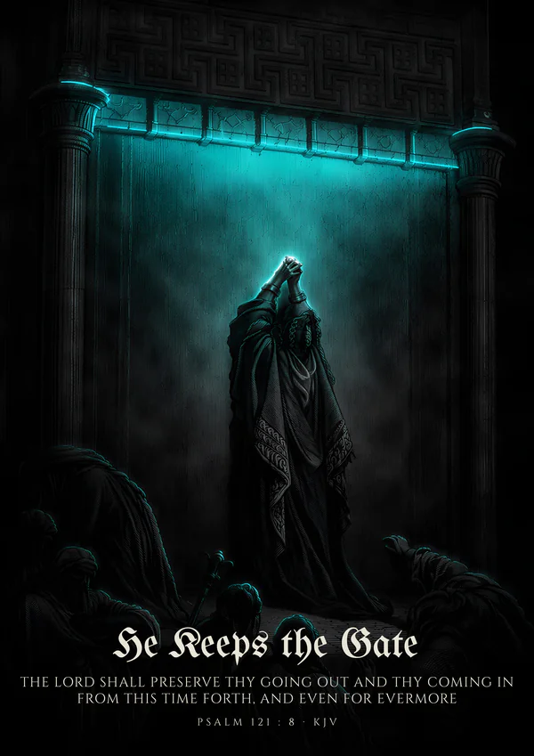 He Keeps the Gate — dark gothic Christian wall art, signal colorway, with Psalm 121:8 KJV