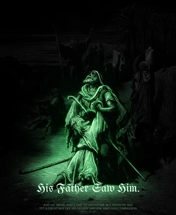 His Father Saw Him — dark gothic Christian wall art, verdant colorway, with Luke 15:20 KJV