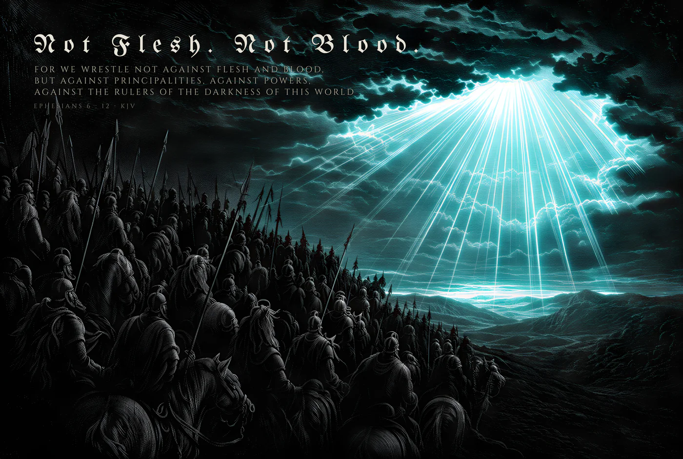 Not Flesh, Not Blood — dark gothic Christian wall art, signal colorway, with Ephesians 6:12 KJV