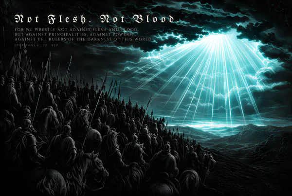 Not Flesh, Not Blood — dark gothic Christian wall art, signal colorway, with Ephesians 6:12 KJV