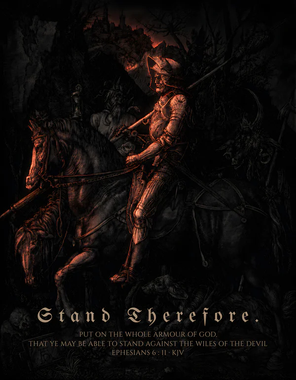 Stand Therefore — dark gothic Christian wall art, ember colorway, with Ephesians 6:11 KJV