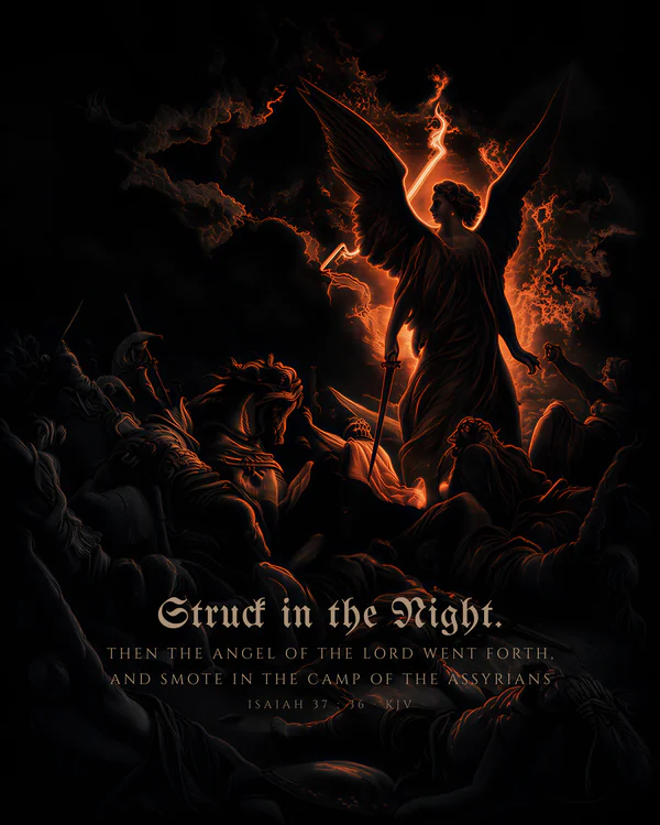 Struck in the Night — dark gothic Christian wall art, ember colorway, with Isaiah 37:36 KJV