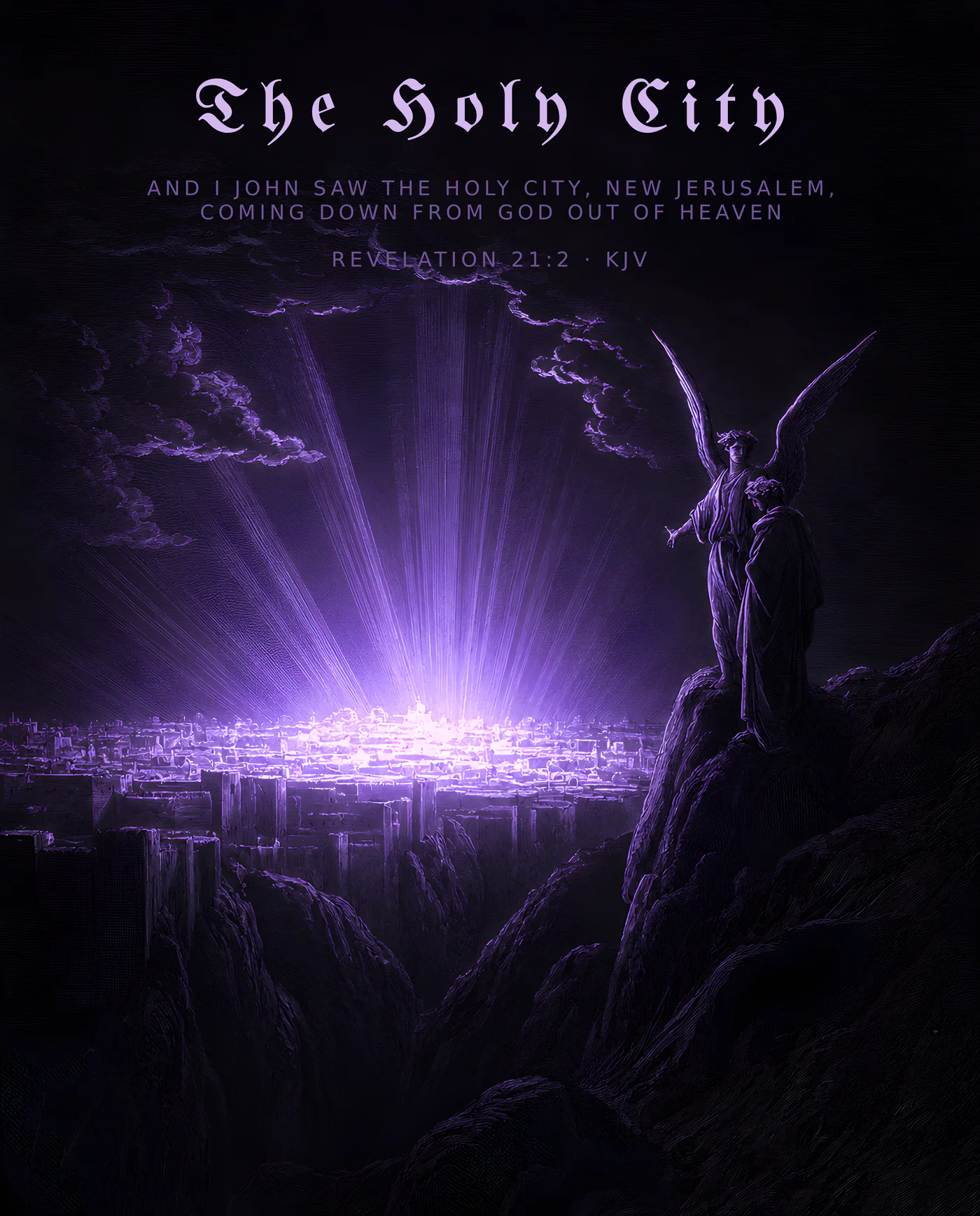 The Holy City — dark gothic Christian wall art, royal colorway, with Revelation 21:2 KJV