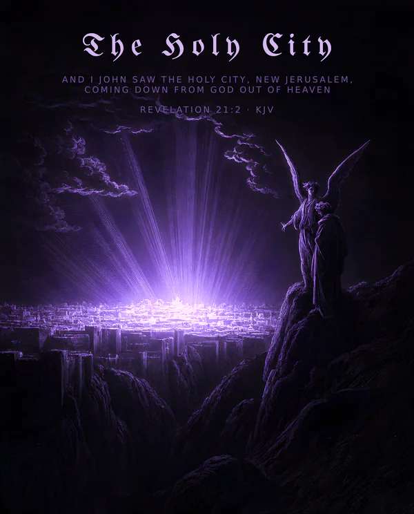 The Holy City — dark gothic Christian wall art, royal colorway, with Revelation 21:2 KJV