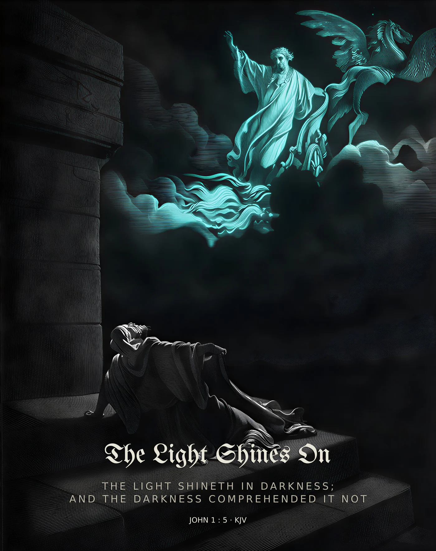 The Light Shines On — dark gothic Christian wall art, signal colorway, with John 1:5 KJV
