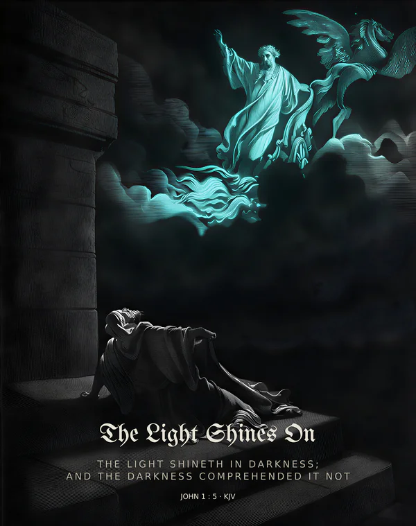 The Light Shines On — dark gothic Christian wall art, signal colorway, with John 1:5 KJV