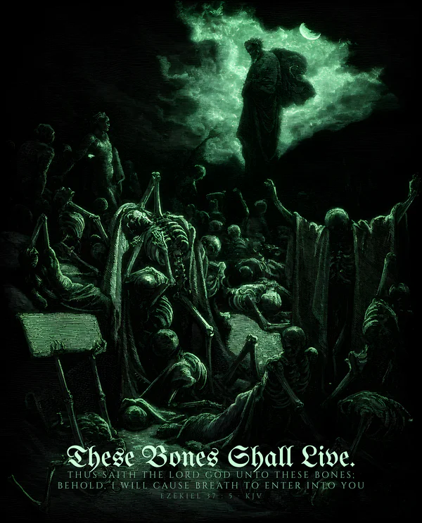 These Bones Shall Live — dark gothic Christian wall art, verdant colorway, with Ezekiel 37:5 KJV