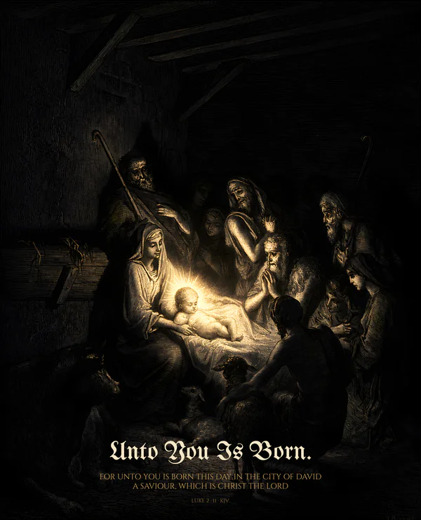 Unto You Is Born — dark gothic Christian wall art, ashen colorway, with Luke 2:11 KJV